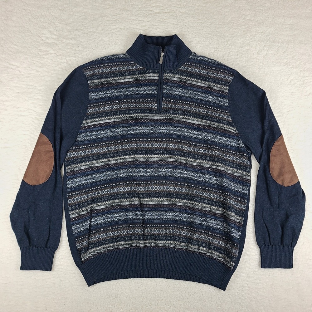 JOE Joseph Abboud Sweater Mens XL Blue Elbow Patch Cotton Christmas Sweatshirt‎